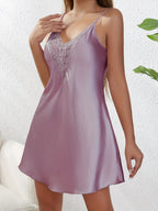 Solid Silk Satin Pajama Set with Lace Detail