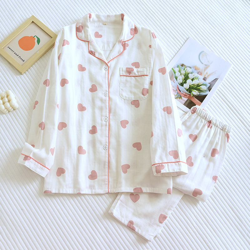 Cotton Double-Gauze Love Lapel Pyjamas Set