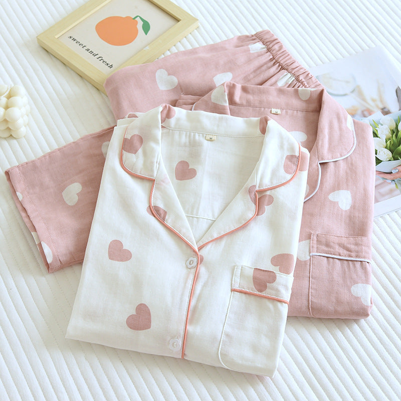 Cotton Double-Gauze Love Lapel Pyjamas Set