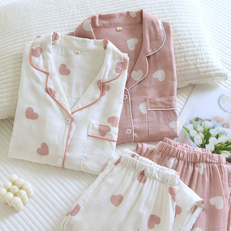 Cotton Double-Gauze Love Lapel Pyjamas Set