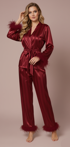 Striped Satin Pajama Set with Feathered Cuffs