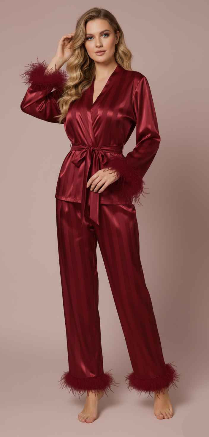Striped Satin Pajama Set with Feathered Cuffs