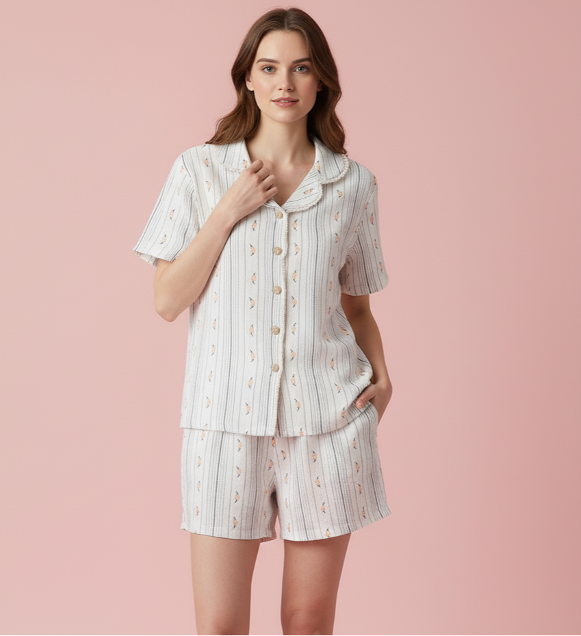 Floral Cotton Short-Sleeved Pyjamas Set