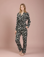 Floral Black Cotton Lapel Pyjamas Set