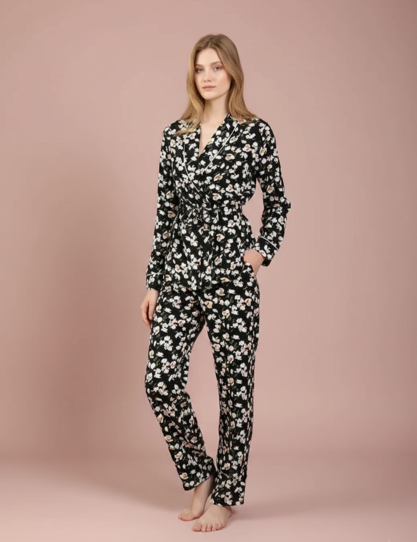 Floral Black Cotton Lapel Pyjamas Set