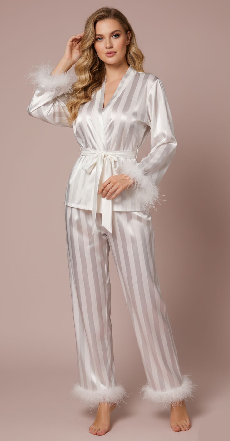 Striped Satin Pajama Set with Feathered Cuffs
