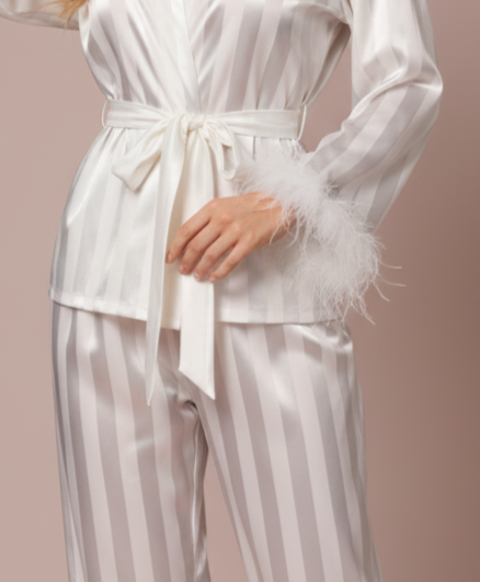 Striped Satin Pajama Set with Feathered Cuffs
