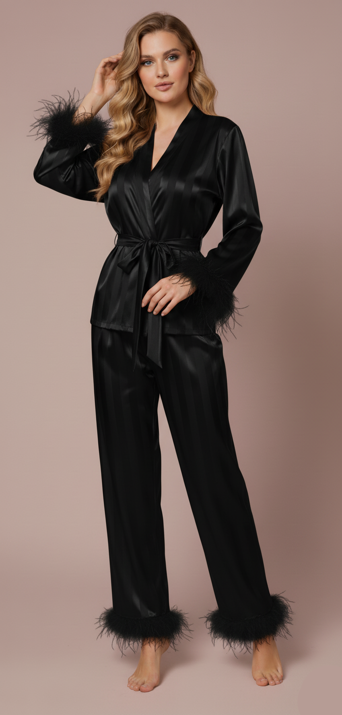 Striped Satin Pajama Set with Feathered Cuffs