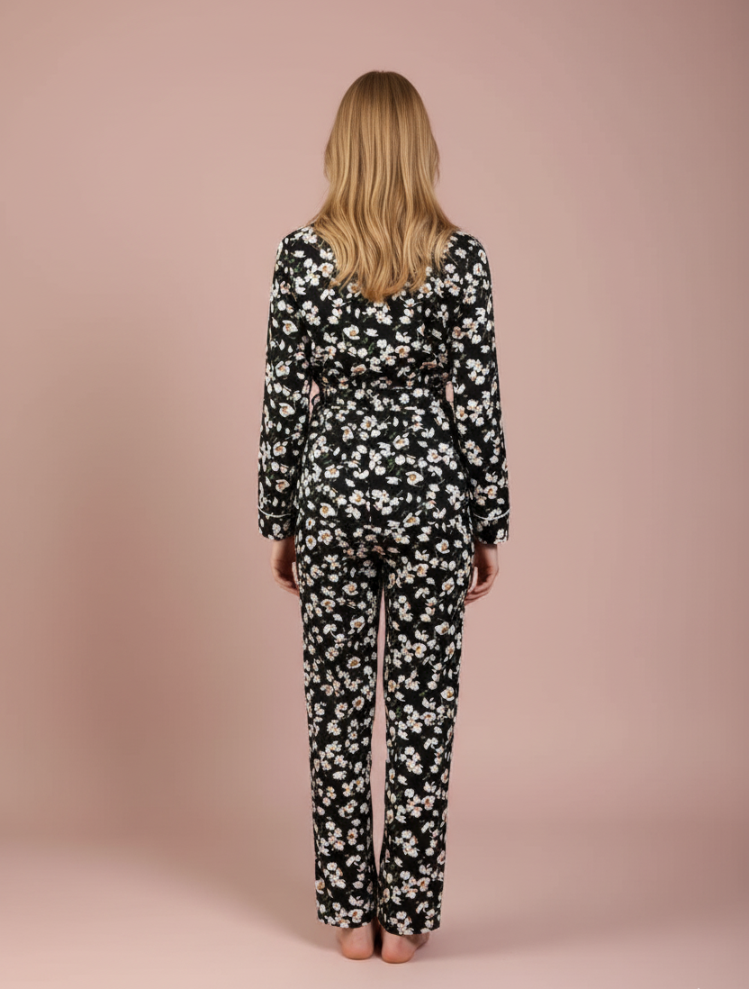 Floral Black Cotton Lapel Pyjamas Set