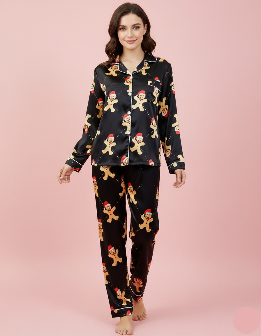Gingerbread Man Satin Long-Sleeve Pajama Set