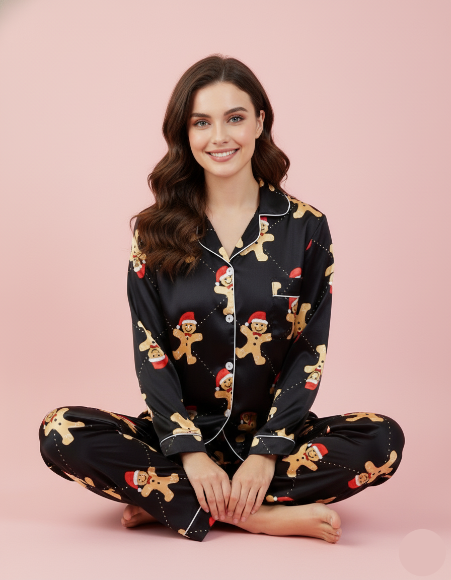 Gingerbread Man Satin Long-Sleeve Pajama Set
