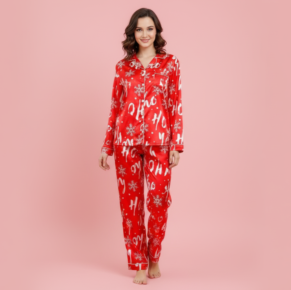 Ho Ho Ho Satin Long-Sleeve Pajama Set