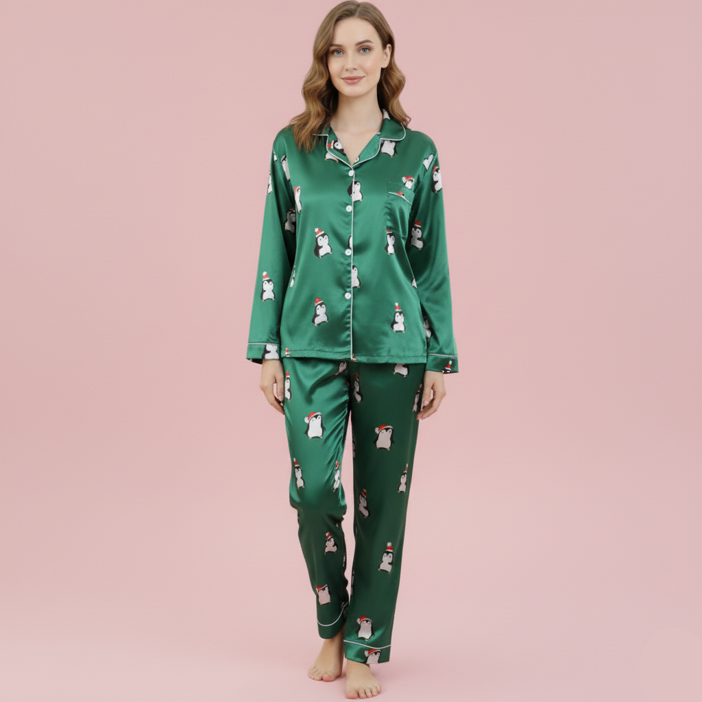 Penguin Satin Long-Sleeve Pajama Set