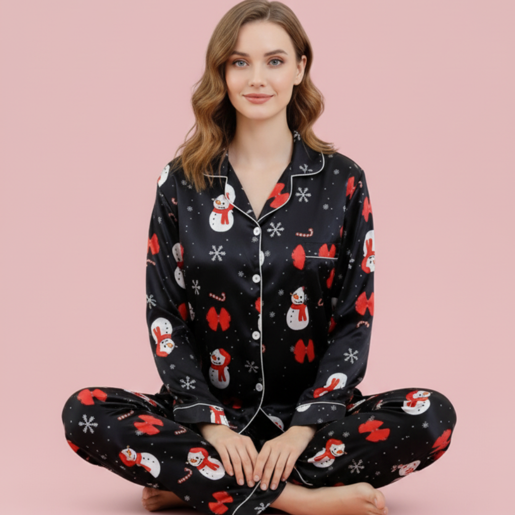 Snowman Satin Long-Sleeve Pajama Set