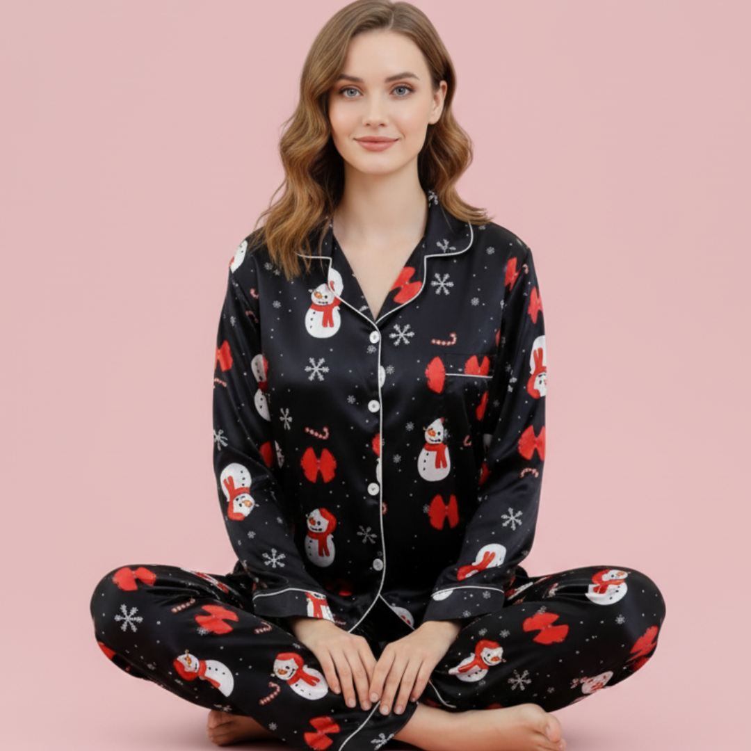 Snowman Satin Long-Sleeve Pajama Set