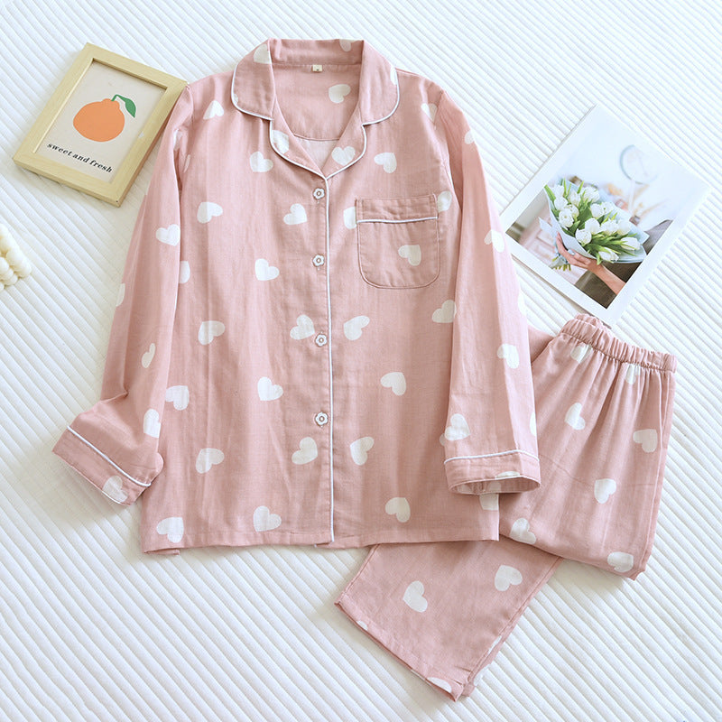 Cotton Double-Gauze Love Lapel Pyjamas Set