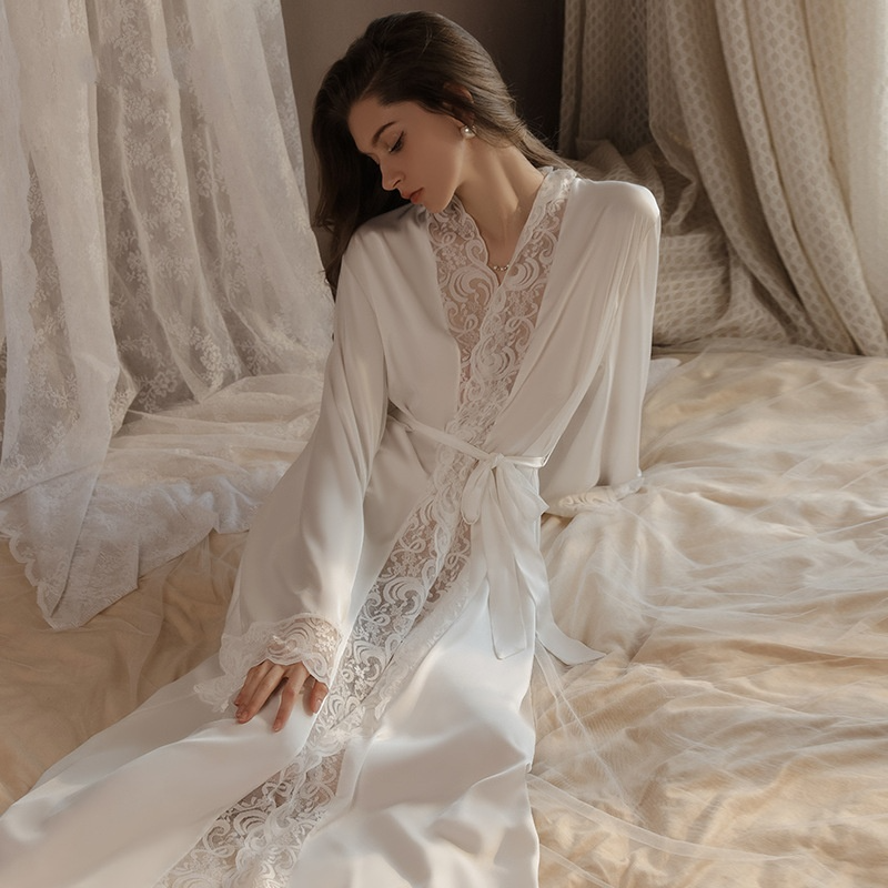 Satin Pajama Gown with Lace Trim