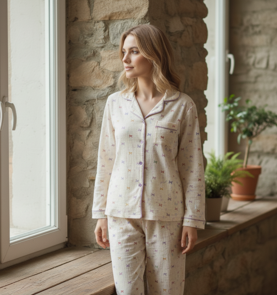 Cute Bow Cotton Crepe Pyjamas Set