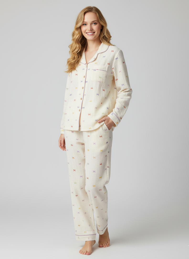 Cute Bow Cotton Crepe Pyjamas Set